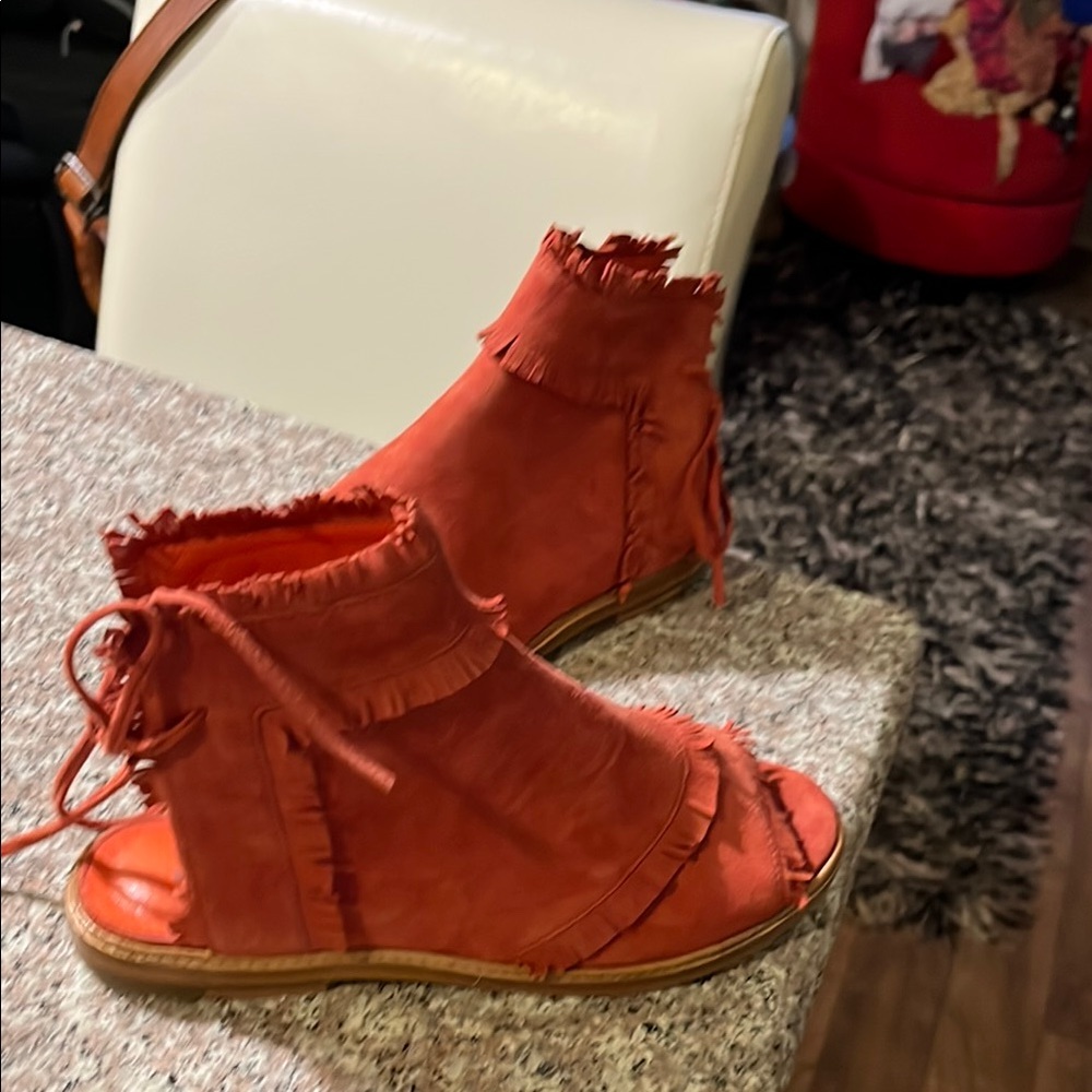 Fringed Red orange leather Ankle sandal Boots